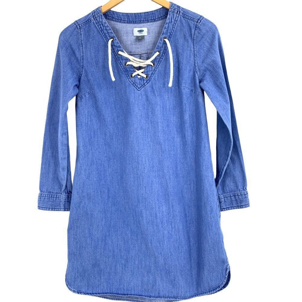Womens XS Old Navy Tunic top Mini Dress Denim lace Up 1560 Shirttail hem Blue
